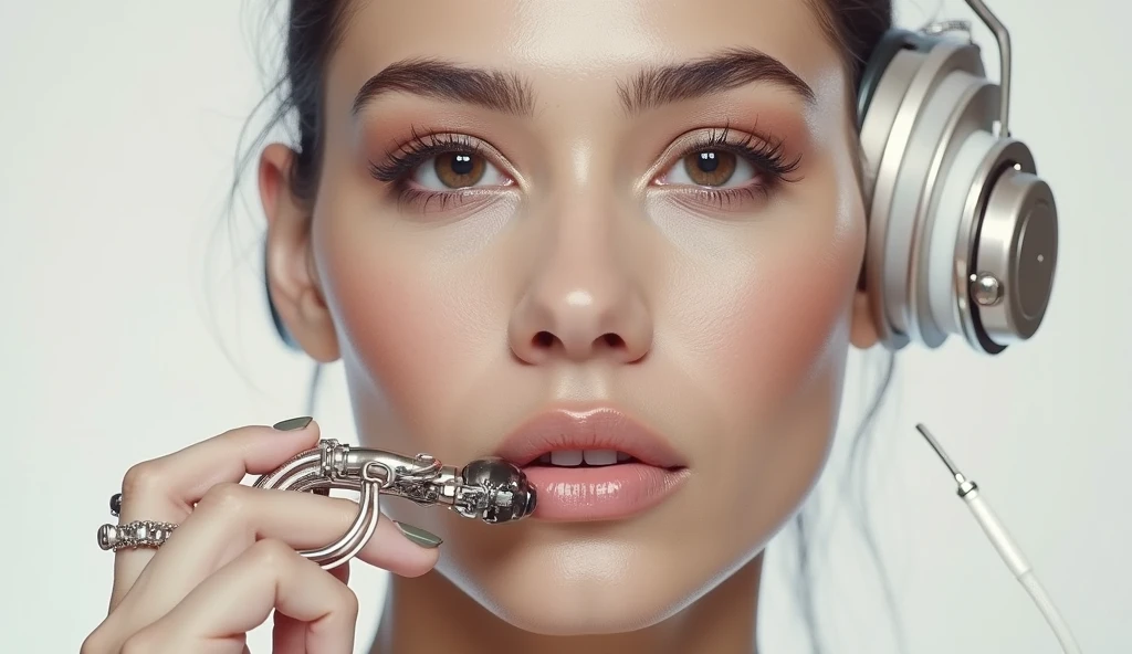 A photoreal crystal clear film still of a beautiful indian woman, she is a biomechanical complex robot, she has a headphone She is built for combat but still cute. Each joint, cable, and piston is meticulously detailed, emphasizing her raw power and emotion A subtle mist surrounds the figure, catching the light and adding an air of mystery and danger.