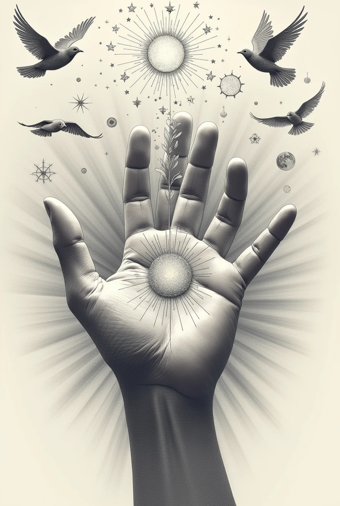 Hand Palm drawing having sun moon stars birds
in palm
