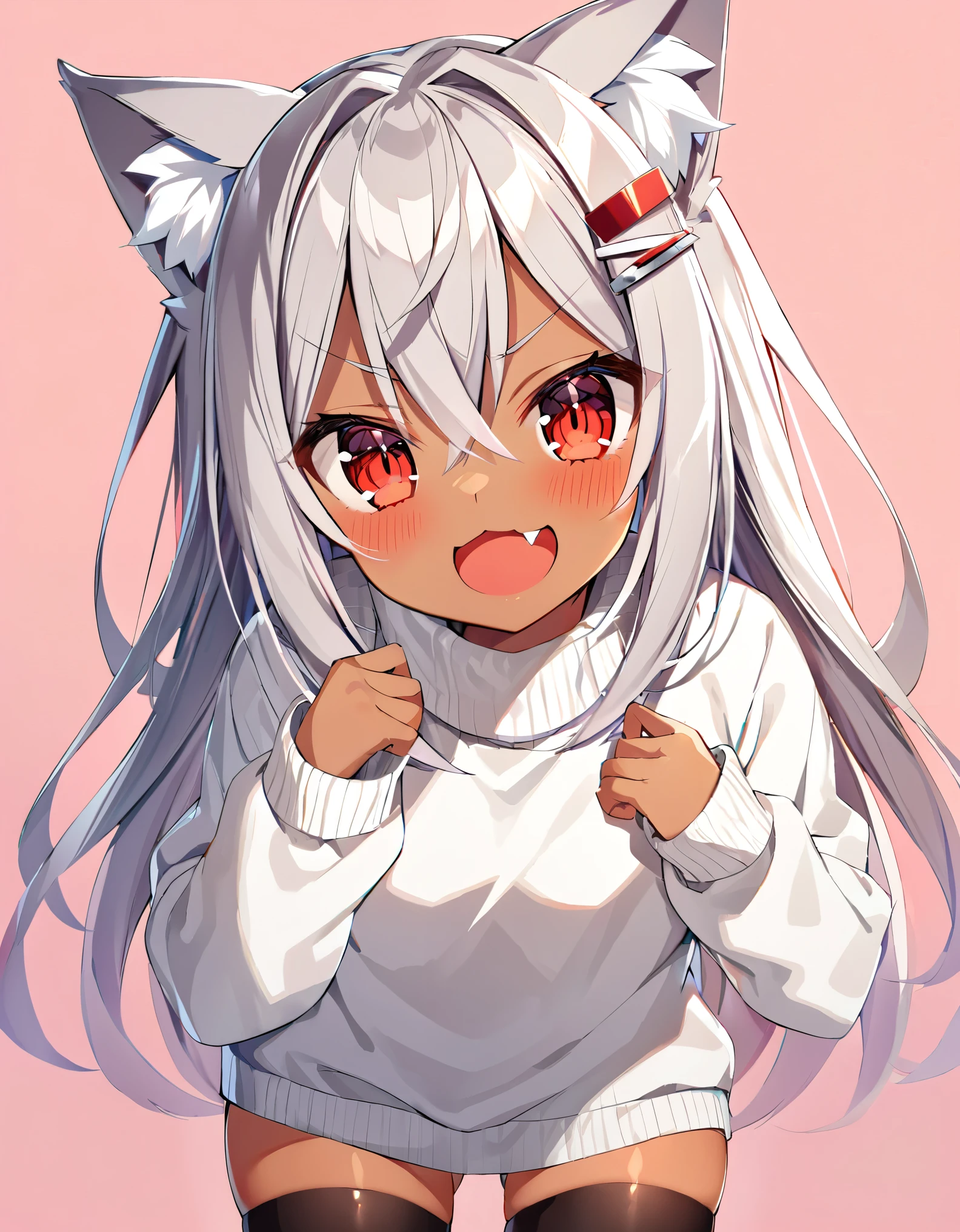 highres,1girl,animal ears,bangs,blush,red eyes,open mouth,fang,dark-skinned female,hair between eyes,hair ornament,hairclip,looking at viewer,smile,solo,v-shaped eyebrows,thighhighs,underwear,sweater,nekomimi,