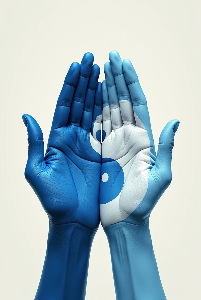 A Yin and Yang symbol in Blue and created with painted hands as if they were the Symbol 