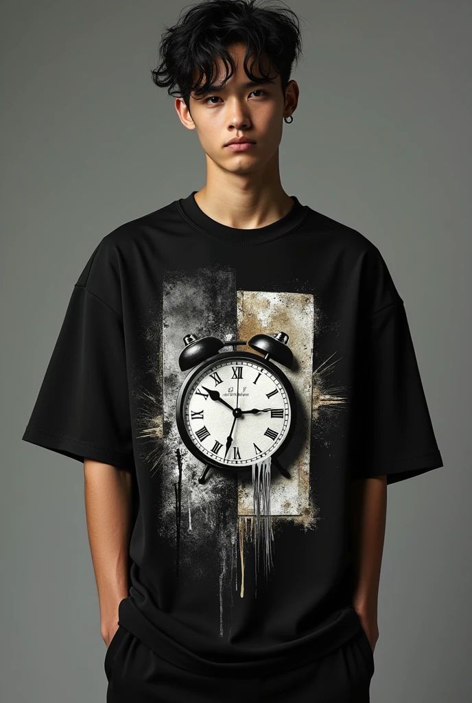 Fully facing the viewer is a fashion editorial style boy wearing an oversized black t-shirt with an oversized clock face graphic, fragmented and mixed with abstract street art, inspired by the time-honored luxury of Hugo Boss and the gritty aesthetic of Crime Life MX. High fashion, streetwear, 3D oversized t-shirt mockup.