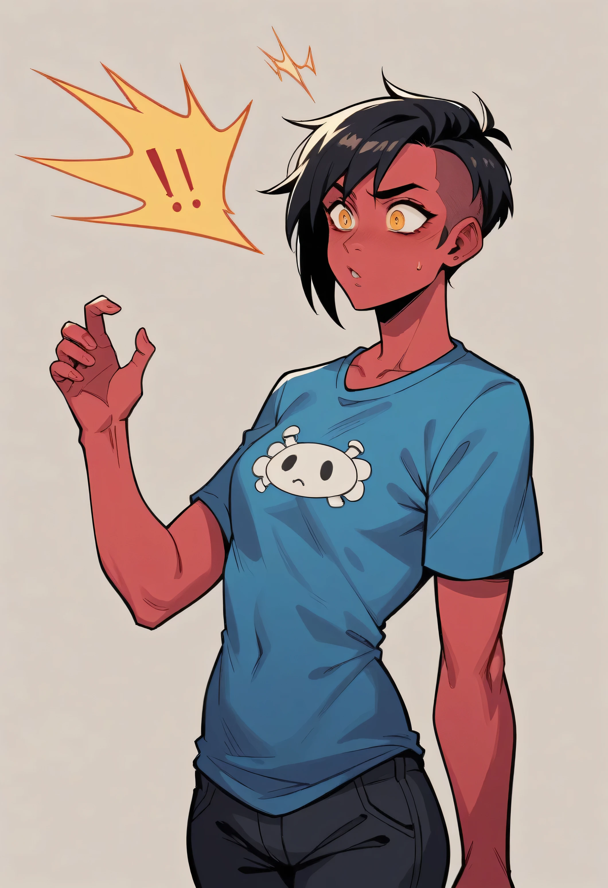 {4k image}, Comic book style illustration of Redna Clareta, a girl from the universe of Orios. She has red skin and an athletic build, with her eyebrows raised high in surprise, depicting happiness. Her hair is dark black, cut in a square style, framing her amber eyes. She is wearing a casual blue sweatshirt(black jacket and blue t-shirt). The background is an urban setting of Heavenia city, resembling early 21st century Earth but with futuristic elements. The style emphasizes her astonished expression and vividly portrays the surroundings.