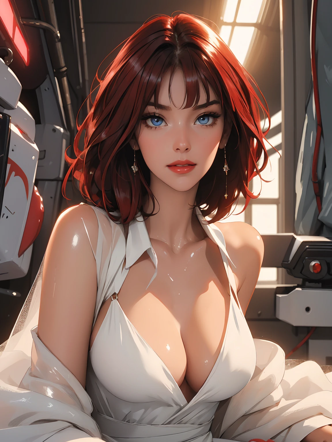 1girl,a beautiful fashion model ,(masterpiece, detailed background, best quality),short and shiny hair, red hair, hair with highlights, bangs, smirk,juicy lips,red lips, calmart, lingerie, stripping, elegant makeup, blue eyes, full body shot, (shiny skin), cyberpunk, sci fi, boa, extravagant jewelry, cocky expression, covered in jewelry, fancy, see through white dress, shiny skin, wet skin. running hand through hair, sexy pose