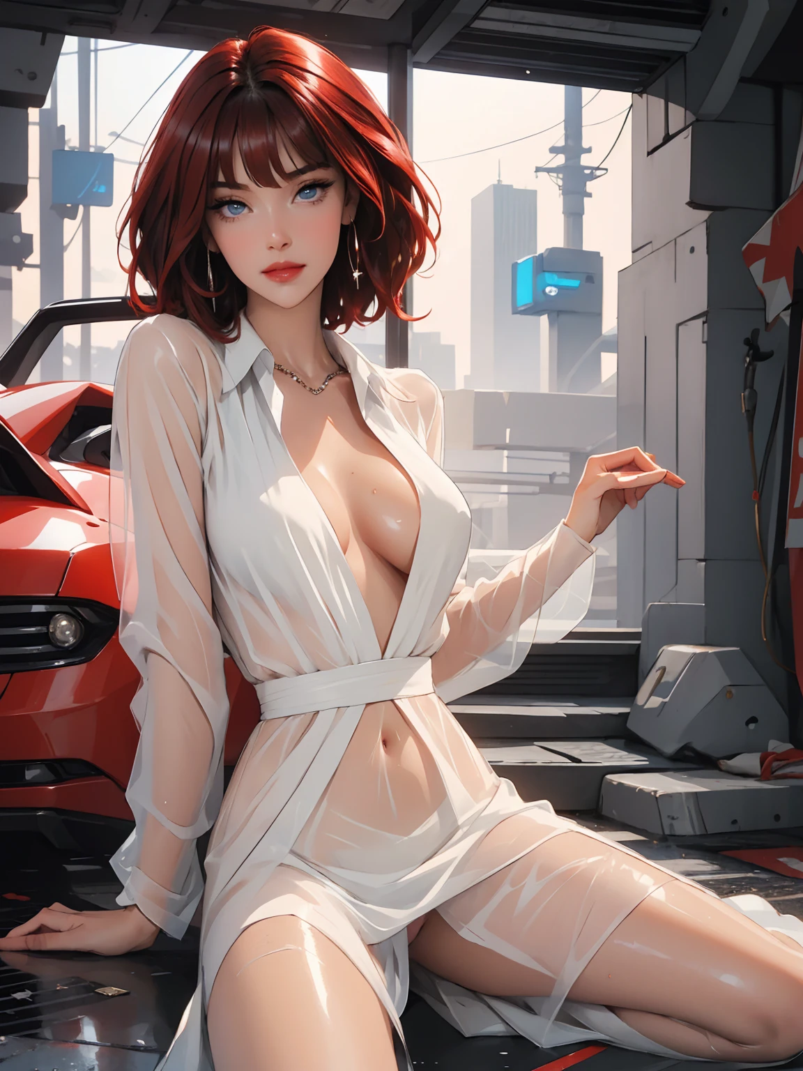 1girl,a beautiful fashion model ,(masterpiece, detailed background, best quality),short and shiny hair, red hair, hair with highlights, bangs, smirk,juicy lips,red lips, calmart, lingerie, stripping, elegant makeup, blue eyes, full body shot, (shiny skin), cyberpunk, sci fi, boa, extravagant jewelry, cocky expression, covered in jewelry, fancy, see through white dress, shiny skin, wet skin. running hand through hair, sexy pose
