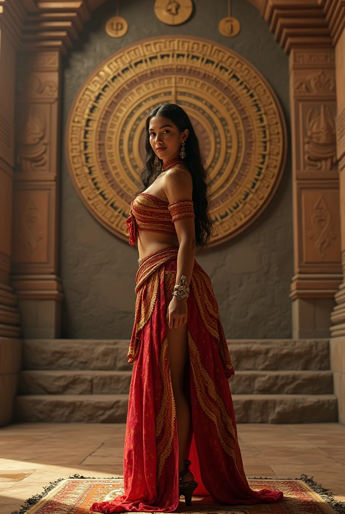 a beautiful aztec woman in her 20s, curvy body, facing the camera, smiling, standing in front of an ancient aztec calendar in a temple, extremely detailed and realistic, 8k, high resolution, hyper detailed, masterpiece, photorealistic, studio lighting, physically-based rendering, professional grade, vibrant colors, dramatic lighting, intricate details, ornate aztec architecture, detailed stone carvings, warm lighting, volumetric fog, mystical atmosphere