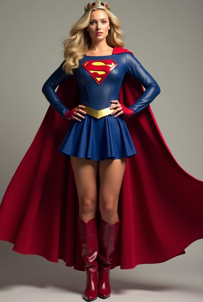 melissa benoist as supergirl, standing, full supergirl blue suit, give her black tights, long blonde hair, give her a supergirl crown, a pair of long red coloured gloves, a pair of long red boot heels, long red coloured cape, blue formal skirt, open thighs