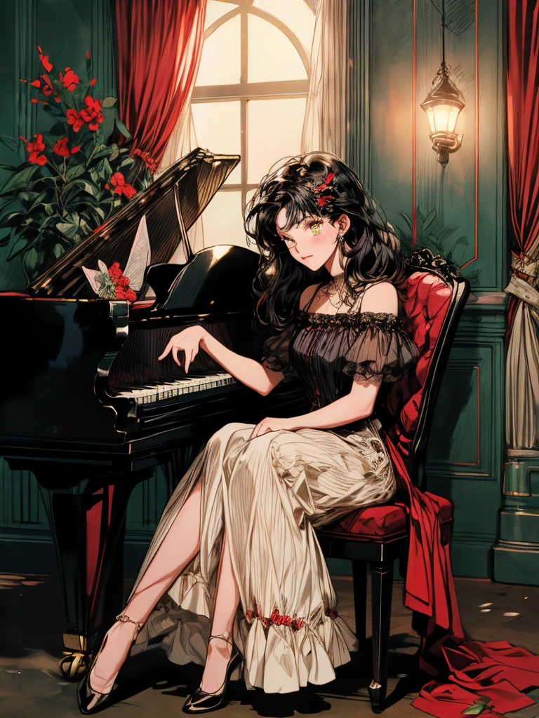 beautiful woman(((full body))), ((background house)), (best quality), beni, solo, 1girl, yellow_pupils, black_hair, red_flower_hair_ornament, long hair, A room with glass windows, curtains, eyes closed, sitting on a chair playing the piano at night. There are flowers, red flower pots, a table, a wine glass, a wine bottle, a lamp, and a black cat,