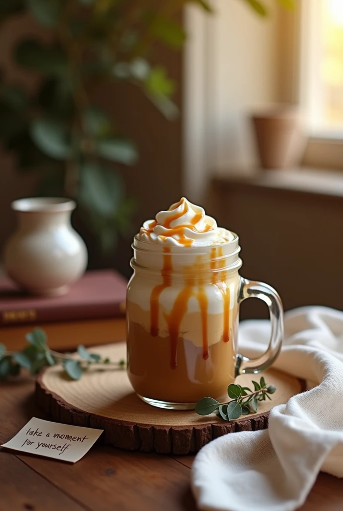 {Caramel-Infused Whipped Coffee with a Gold Drizzle} -- A luxurious caramel-infused whipped coffee, topped with an indulgent swirl of golden caramel sauce. The coffee foam is meticulously layered in a mason jar, with the caramel dripping elegantly down the sides. The setup is placed on a rustic wooden table with a rich, dark walnut finish, paired with a soft cream-colored linen cloth draped casually. A small stack of vintage books and a sprig of eucalyptus add a touch of sophistication. Warm, golden hour light filtering through a nearby window casts a soft glow on the coffee, highlighting the golden caramel drizzle. A close-up shot from a 45-degree angle, focusing on the rich textures of the whipped coffee and the caramel drizzle, with the background slightly blurred. A small handwritten note next to the coffee reads “Take a moment for yourself,” emphasizing the theme of relaxation and indulgence. -- {photorealistic}, {high-resolution}, {warm tones}, {luxury coffee photography}, {golden light}, {rustic and cozy atmosphere}, {coffee-centric theme}, {Instagram aesthetic}, {gourmet coffee experience}
