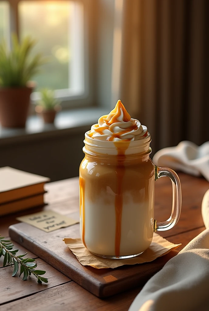 {Caramel-Infused Whipped Coffee with a Gold Drizzle} -- A luxurious caramel-infused whipped coffee, topped with an indulgent swirl of golden caramel sauce. The coffee foam is meticulously layered in a mason jar, with the caramel dripping elegantly down the sides. The setup is placed on a rustic wooden table with a rich, dark walnut finish, paired with a soft cream-colored linen cloth draped casually. A small stack of vintage books and a sprig of eucalyptus add a touch of sophistication. Warm, golden hour light filtering through a nearby window casts a soft glow on the coffee, highlighting the golden caramel drizzle. A close-up shot from a 45-degree angle, focusing on the rich textures of the whipped coffee and the caramel drizzle, with the background slightly blurred. A small handwritten note next to the coffee reads “Take a moment for yourself,” emphasizing the theme of relaxation and indulgence. -- {photorealistic}, {high-resolution}, {warm tones}, {luxury coffee photography}, {golden light}, {rustic and cozy atmosphere}, {coffee-centric theme}, {Instagram aesthetic}, {gourmet coffee experience}
