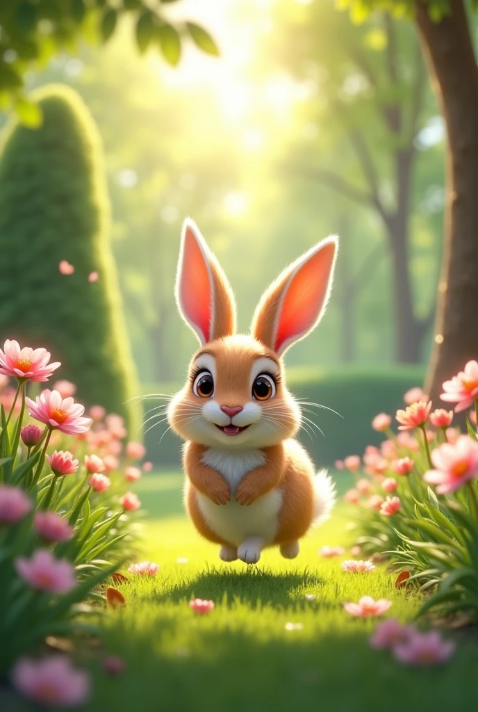 sunny day, lovely garden, green and bright, a bunny with cheer