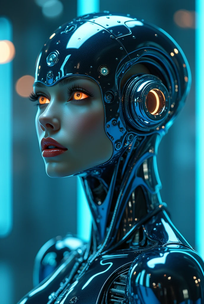 a sexy female robot,glossy metallic body, glowing blue circuitry, beautiful detailed eyes,beautiful detailed lips,extremely detailed face and skin,long eyelashes,seductive pose,intricate mechanical details,futuristic sci-fi setting,dramatic lighting,cinematic composition,(best quality,4k,8k,highres,masterpiece:1.2),ultra-detailed,(realistic,photorealistic,photo-realistic:1.37),highly detailed, cinematic, dramatic lighting,vibrant neon colors