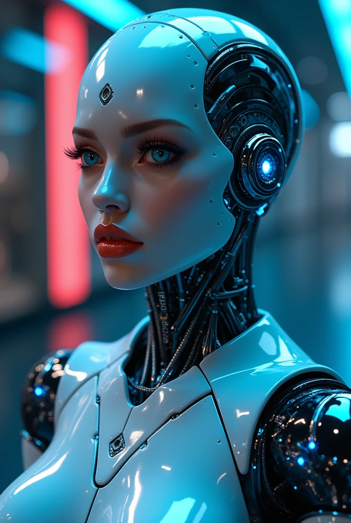 a sexy female robot,glossy metallic body, glowing blue circuitry, beautiful detailed eyes,beautiful detailed lips,extremely detailed face and skin,long eyelashes,seductive pose,intricate mechanical details,futuristic sci-fi setting,dramatic lighting,cinematic composition,(best quality,4k,8k,highres,masterpiece:1.2),ultra-detailed,(realistic,photorealistic,photo-realistic:1.37),highly detailed, cinematic, dramatic lighting,vibrant neon colors