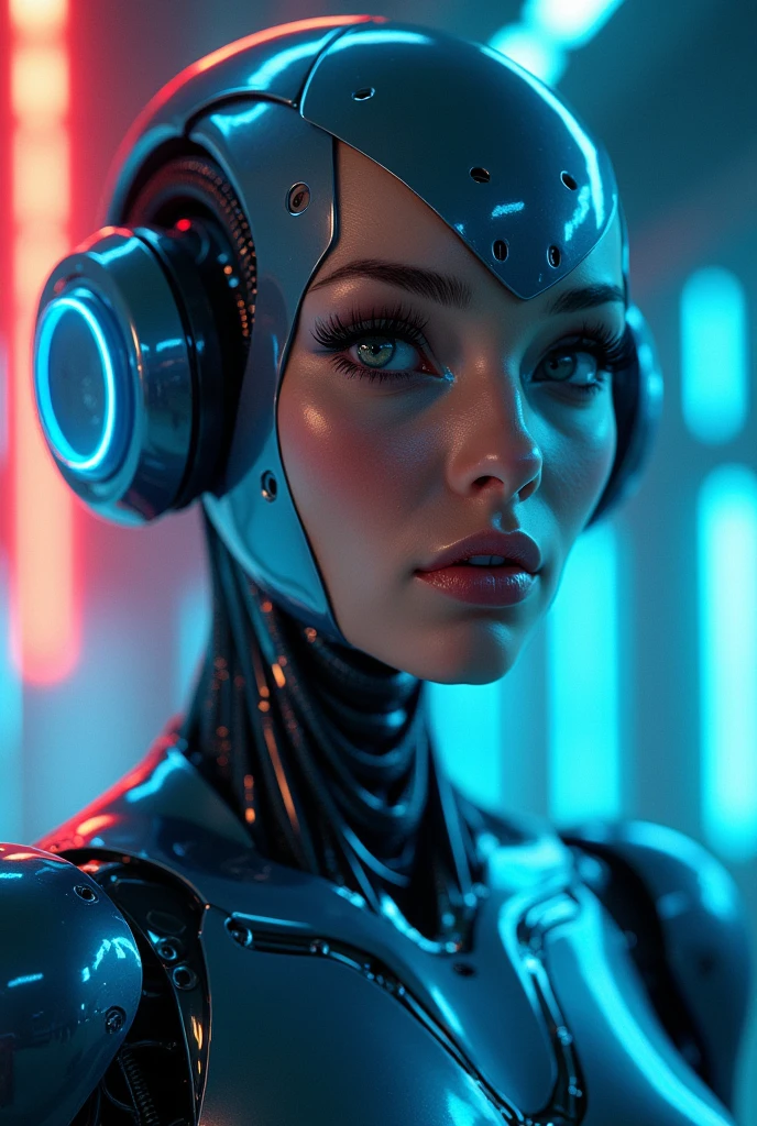 a sexy female robot,glossy metallic body, glowing blue circuitry, beautiful detailed eyes,beautiful detailed lips,extremely detailed face and skin,long eyelashes,seductive pose,intricate mechanical details,futuristic sci-fi setting,dramatic lighting,cinematic composition,(best quality,4k,8k,highres,masterpiece:1.2),ultra-detailed,(realistic,photorealistic,photo-realistic:1.37),highly detailed, cinematic, dramatic lighting,vibrant neon colors
