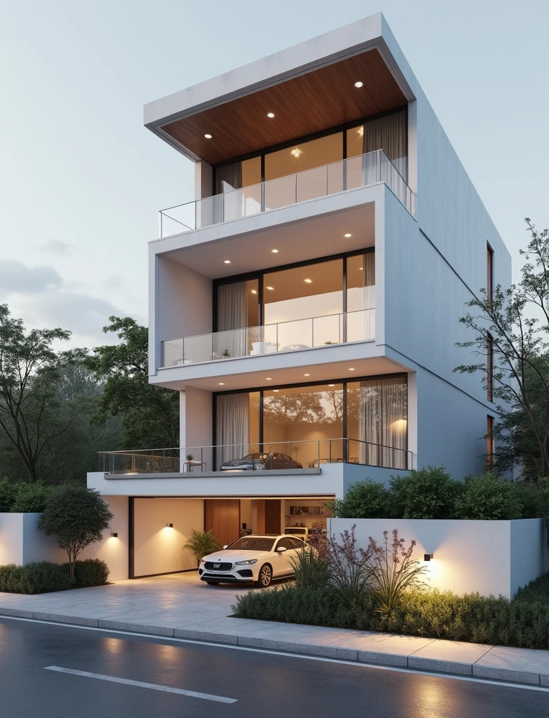 masterpiece, (photorealistic:1.2), best quality, ultra high res, exterior,architechture,modern house,white wall, glass windows,,trees,traffic road,design,trees around, blue sky,in the style of realistic hyper-detailed rendering, 32k uhd, low-angle, composite construction, piles/stacks, innovative page design, daylight,render( Vray:1.1)