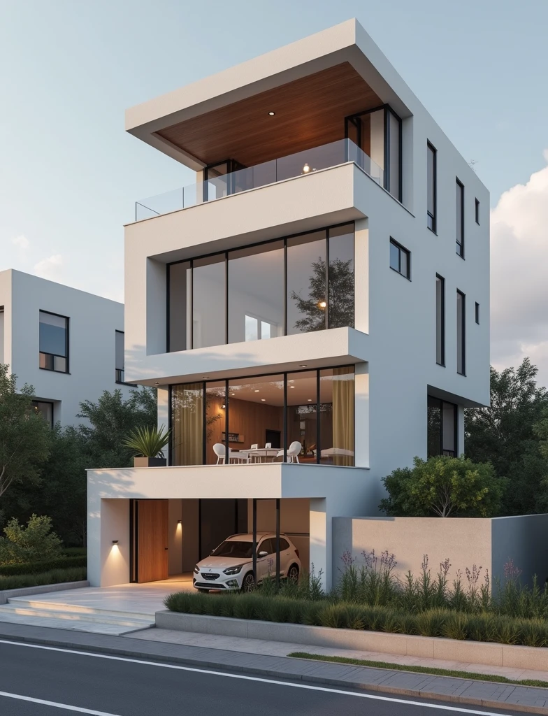 masterpiece, (photorealistic:1.2), best quality, ultra high res, exterior,architechture,modern house,white wall, glass windows,,trees,traffic road,design,trees around, blue sky,in the style of realistic hyper-detailed rendering, 32k uhd, low-angle, composite construction, piles/stacks, innovative page design, daylight,render( Vray:1.1)