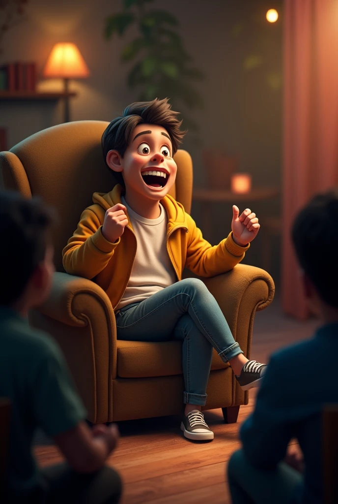 take a picture of a player sitting in a chair telling a story for the image