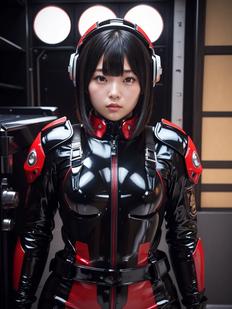 masterpiece, Highest quality, Very detailed, Japanese Android girl, Beautiful 2 Japanese woman, Plump,Slightly thicker,Control panel,Android,cyborg,Blunt bangs,black and red bodysuit,Thick harness belt,Full-face helmet