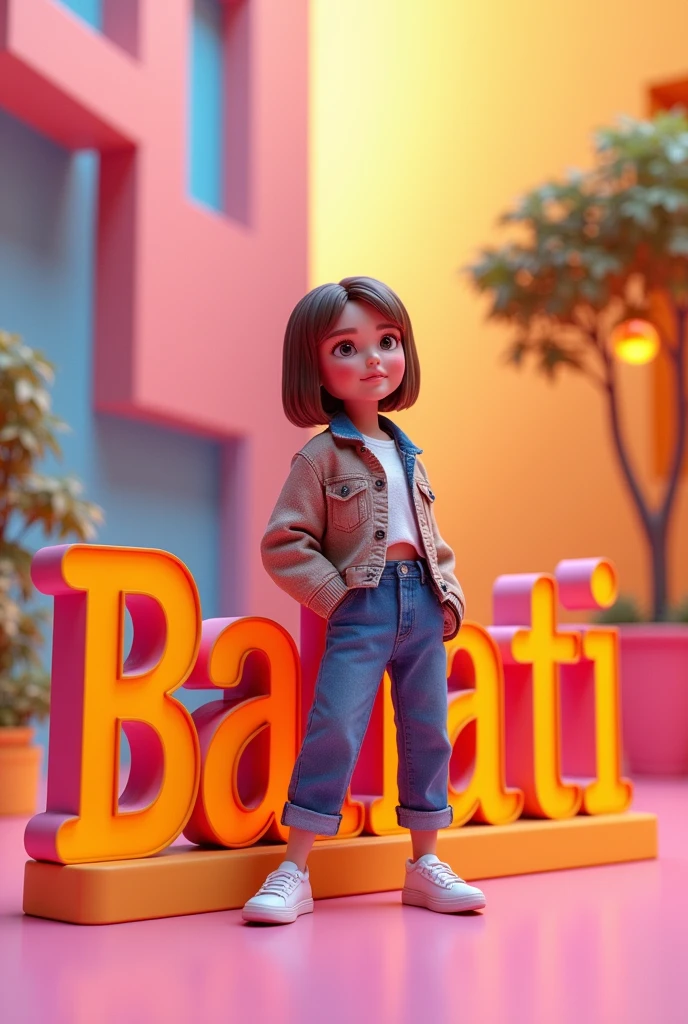 Create a vibrant 3D scene with BAHATI and casually on the BAHATI large 3D text logo. Dress him in trendy casual attire like The background should showcase 3d Scene with BAHATI in large scale as background
