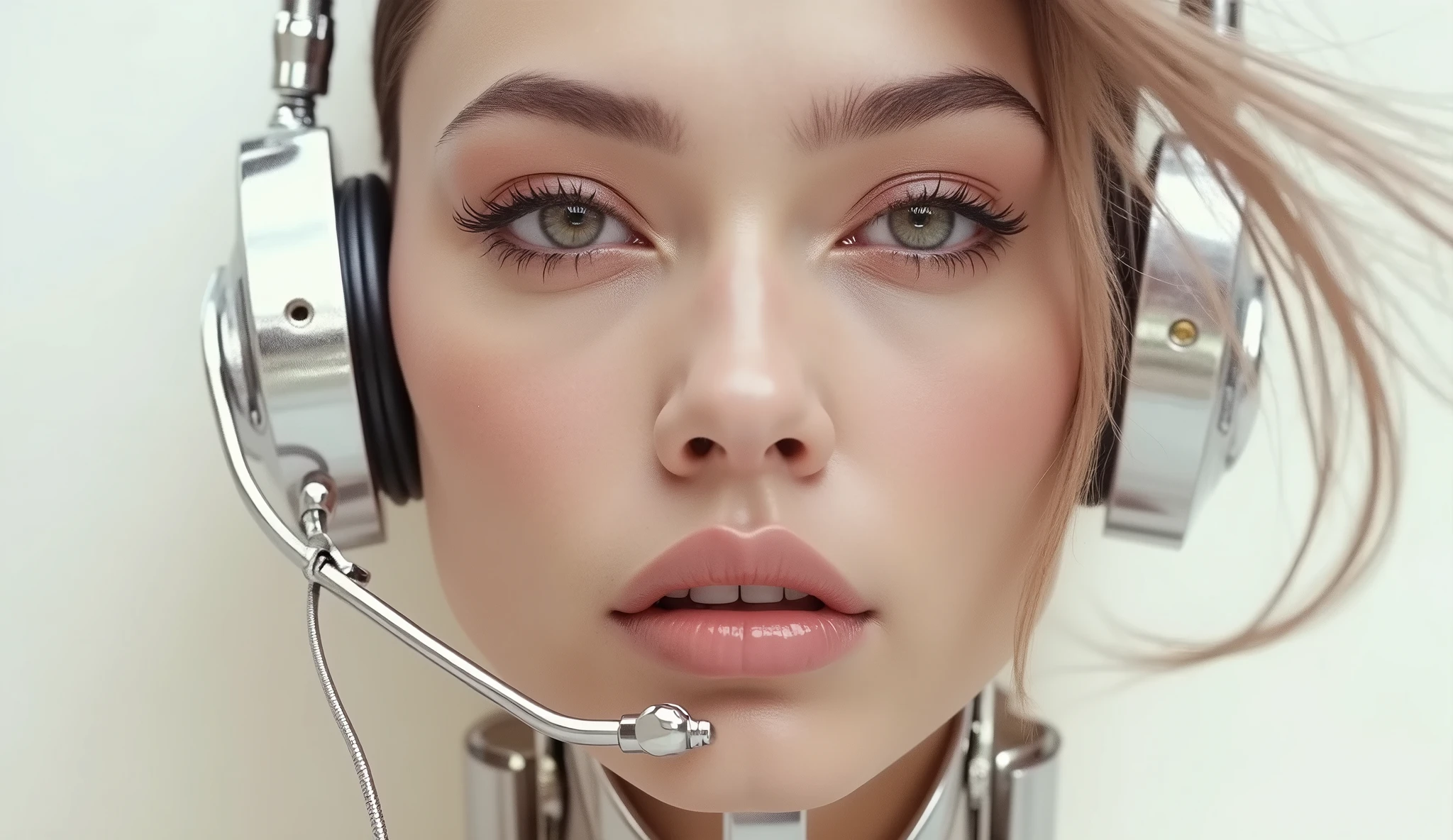 A photoreal crystal clear film still of a beautiful indian woman, she is a biomechanical complex robot, she has a headphone She is built for combat but still cute. Each joint, cable, and piston is meticulously detailed, emphasizing her raw power and emotion A subtle mist surrounds the figure, catching the light and adding an air of mystery and danger.
