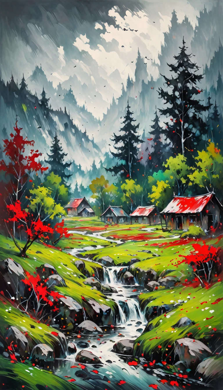 artist by Jackson Pollock,inside the village,wild animals,light tones,(smooth strokes),fine sketches,Vivid,Moody,Landscapes,Fantasy,Dark,landscape oil painting, red and green colors