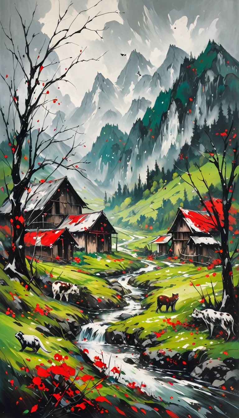artist by Jackson Pollock,inside the village,wild animals,light tones,(smooth strokes),fine sketches,Vivid,Moody,Landscapes,Fantasy,Dark,landscape oil painting, red and green colors