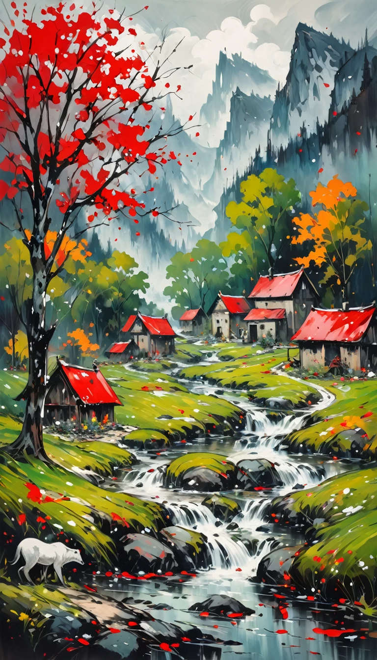 artist by Jackson Pollock,inside the village,wild animals,light tones,(smooth strokes),fine sketches,Vivid,Moody,Landscapes,Fantasy,Dark,landscape oil painting, red and green colors