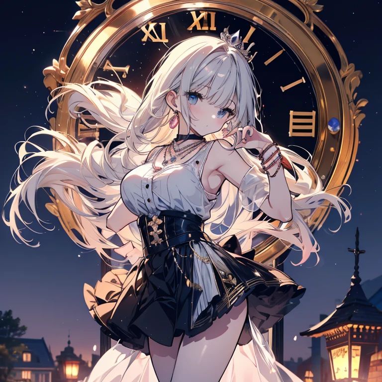 1 person、Mature、Ample breasts、Long Hair、ballerina、ballerinaの衣装、Tutu、Miniskirt、necklace、bracelet、Earrings、dance、In front of the clock tower、Night Sky、gem、High resolution、Highest quality