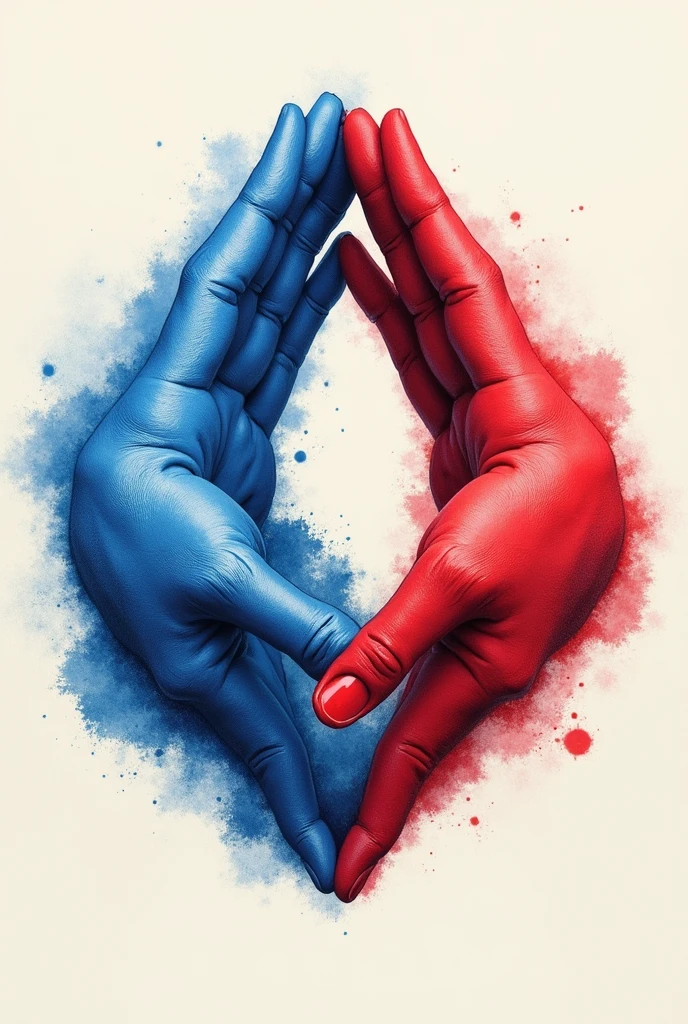 A Yin and Yang symbol in Blue and Red created with painted hands as if they were the Symbol one on top of the Other as if shaking hands