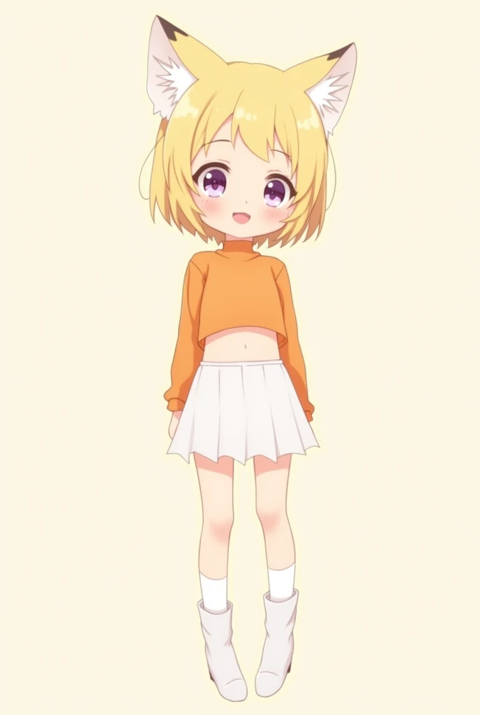 Cute anime girl smiley face with a fox ear wearing an orange crop top, white short skirt, stocking, white boots. no background