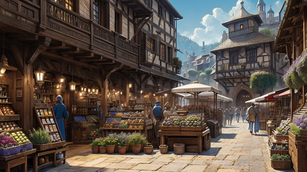 ((masterpiece)),((Highest quality)),((High Detail)),nobody,background,fantasy, Medieval town, Bright Square, market, blacksmith, merchant, knight, Wizard