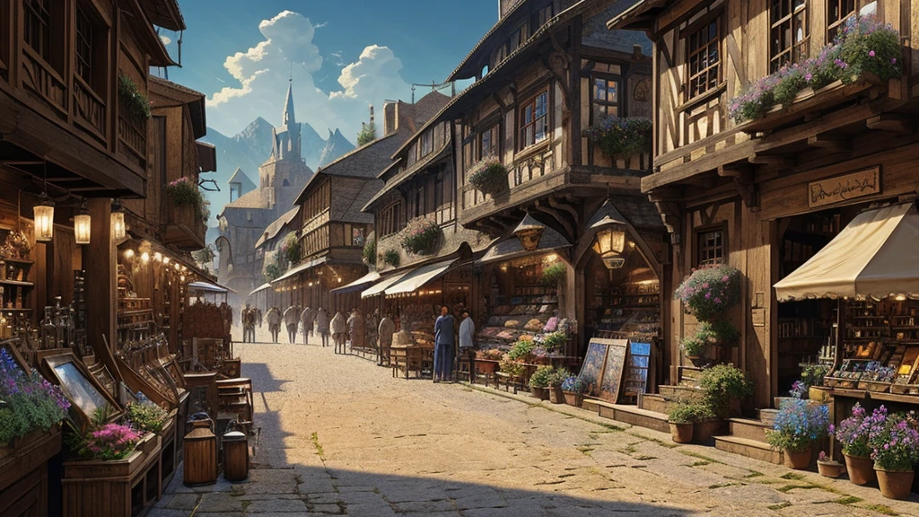 ((masterpiece)),((Highest quality)),((High Detail)),nobody,background,fantasy, Medieval town, Bright Square, market, blacksmith, merchant, knight, Wizard