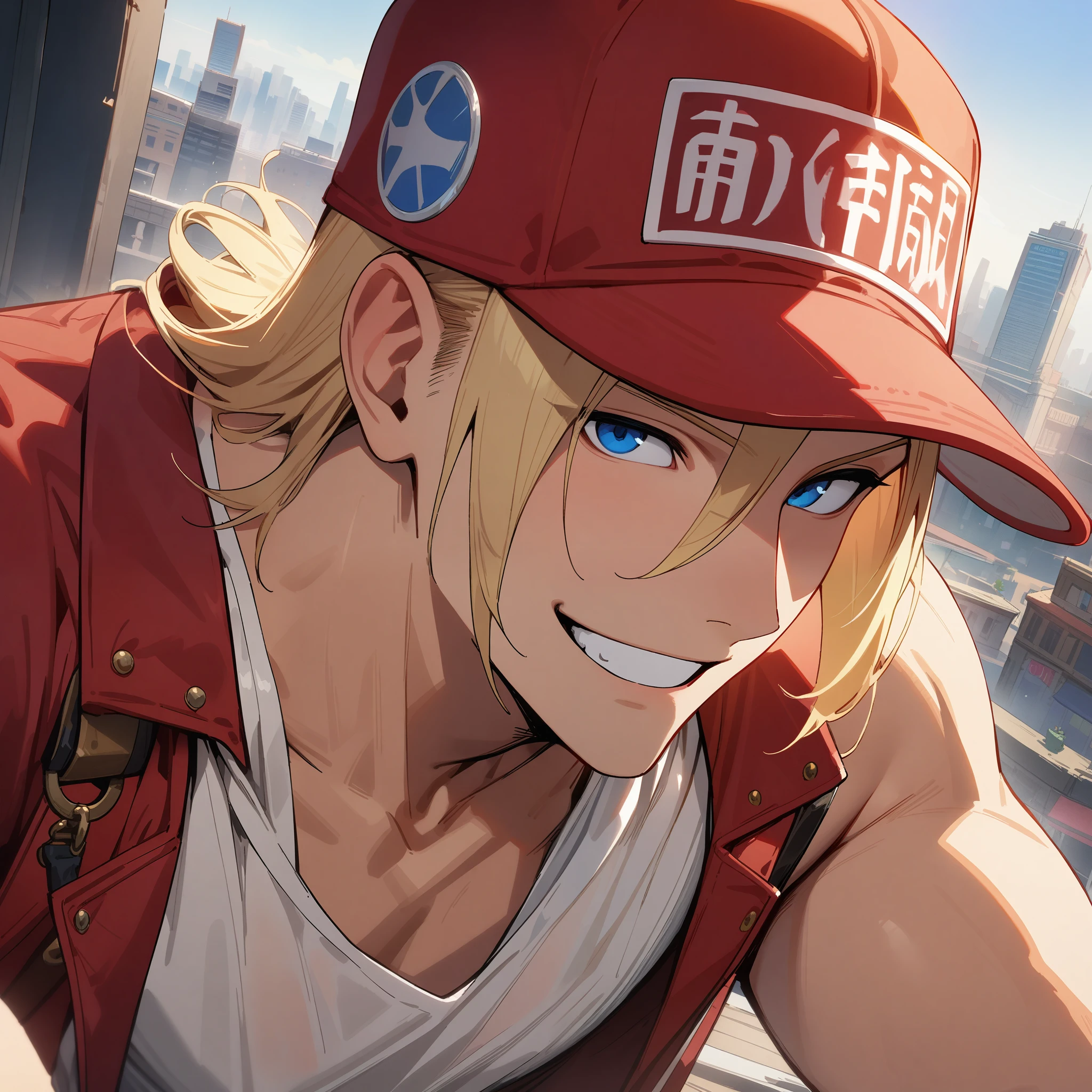 terry bogard, 1boy, male, handsome, no sleeves, sleeveless, blue eyes, blonde, baseball cap, white shirt, red jacket, smiling, masterpiece, high quality, high details, hd, city background