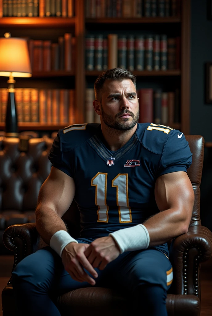 take a picture of a football player sitting in a chair telling a story for the image