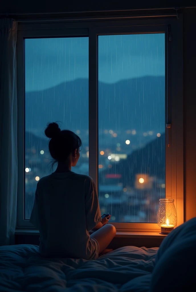 Listening to music while watching the beautiful night view from my room　It&#39;s raining outside　A profile can be seen from the reflection in the window