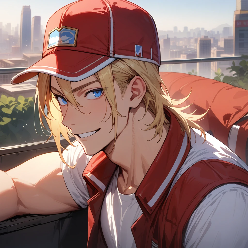 terry bogard, 1boy, male, handsome, no sleeves, sleeveless, blue eyes, blonde, baseball cap, white shirt, red jacket, smiling, masterpiece, high quality, high details, hd, city background