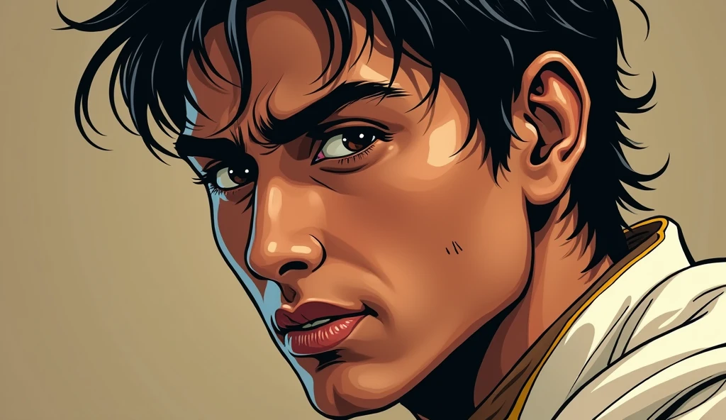 A Close-Up of Dhruv’s Determined Face
Description: A comic-style close-up of Dhruv’s face, emphasizing his determination and resolve. He’s focused, with a slight smile, reflecting his inner peace and dedication to his duty. His traditional attire—brown kurta and white dhoti—are visible in the background.