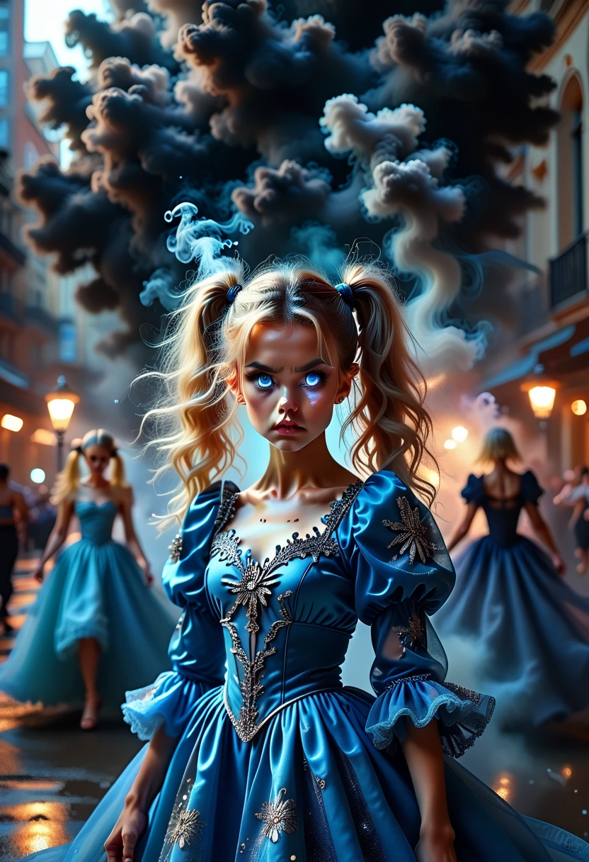 masterpiece, Best quality, bubbles, Blue dress, Blonde with pigtails, Beautiful face, insanely detailed eyes, intense look, Fighting pose, ruined city, distant lights, Rising smoke,