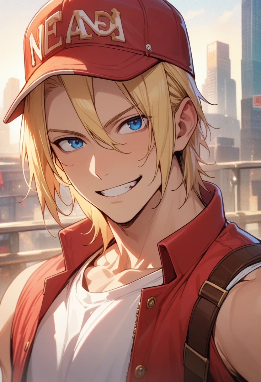 terry bogard, 1boy, male, handsome, no sleeves, sleeveless, close up, blue eyes, blonde, baseball cap, white shirt, red jacket, smiling, masterpiece, high quality, high details, hd, city background