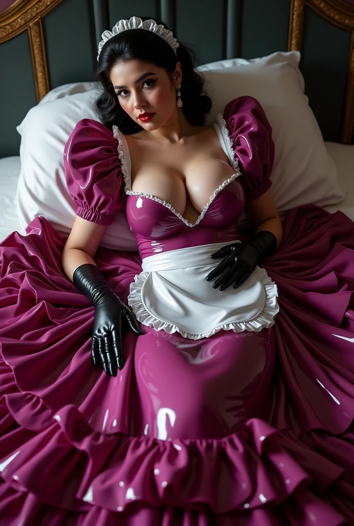 victorian maid in wide magenta Latex Gown, neckline, show the whole body, lying in bed, red lips, white apron, voluminous skirt, with black latex gloves, many ruffles, puff sleeve, show titts, show vagina, Picture from head to toe, The whole dress touches the floor,