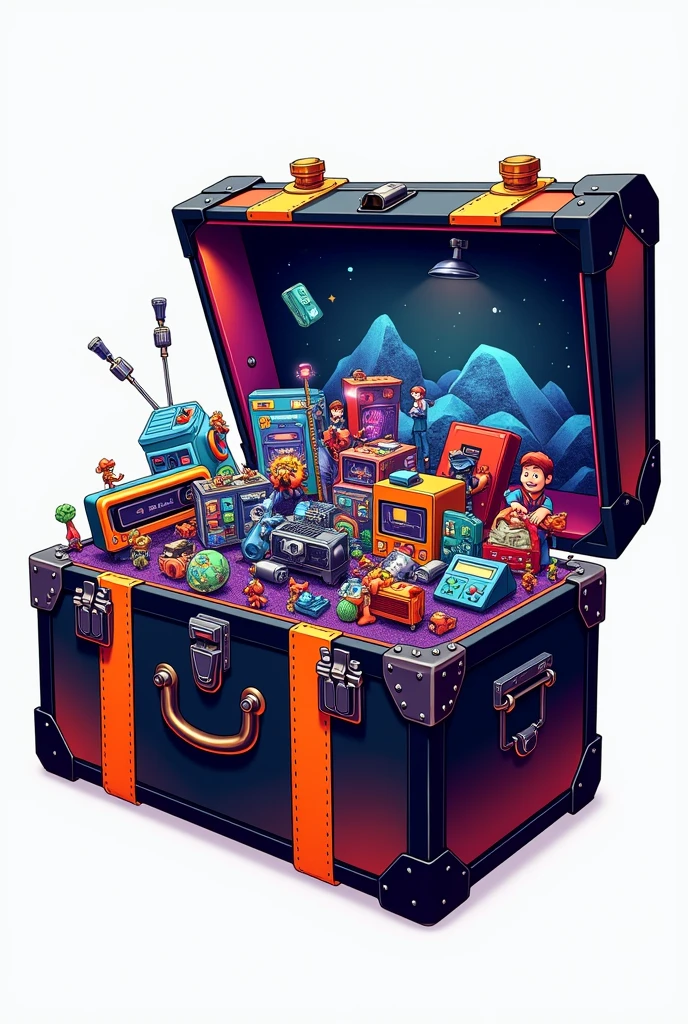 Trunk logo with 80s toys inside the trunk with transparent background black and orange bronze details png