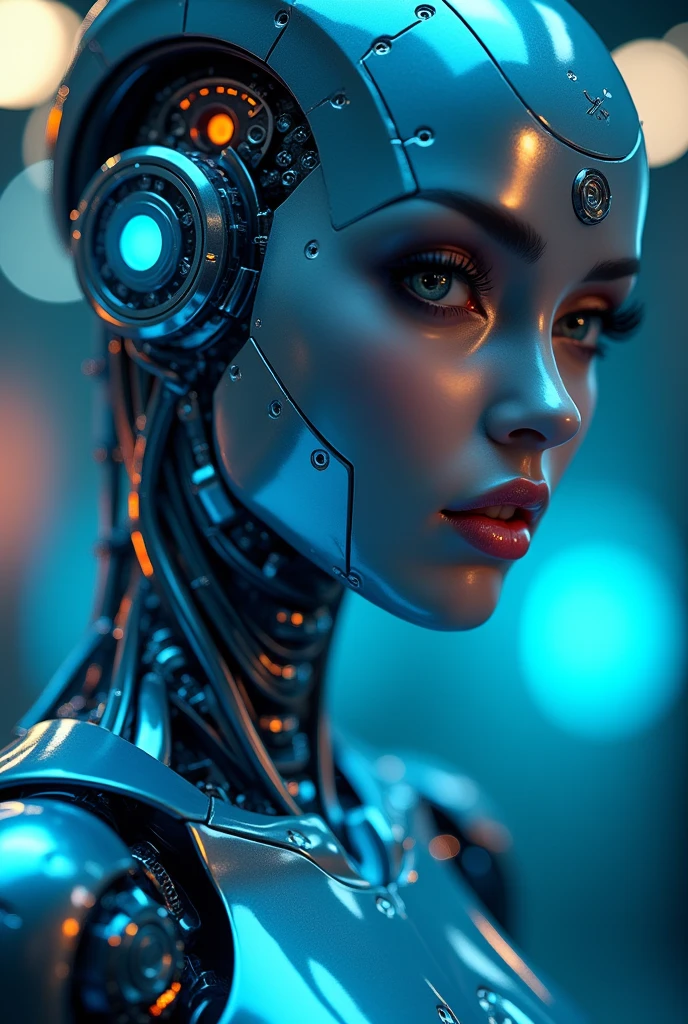 a sexy female robot,glossy metallic body, glowing blue circuitry, beautiful detailed eyes,beautiful detailed lips,extremely detailed face and skin,long eyelashes,seductive pose,intricate mechanical details,futuristic sci-fi setting,dramatic lighting,cinematic composition,(best quality,4k,8k,highres,masterpiece:1.2),ultra-detailed,(realistic,photorealistic,photo-realistic:1.37),highly detailed, cinematic, dramatic lighting,vibrant neon colors