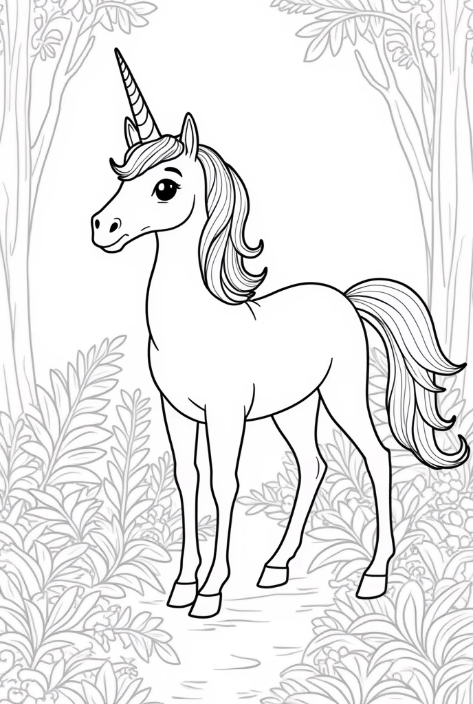 Coloring page A unicorn with a shimmering mane and a sparkling horn, standing in a mystical forest. Completely whiten background and there is no color inside it its easy for coloring pages and I only need outline for s