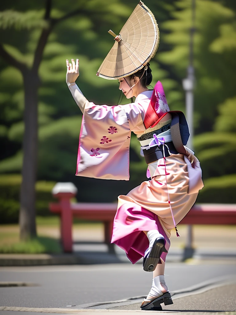 Photo-realistic quality、A woman wearing a pale pink kimono and a hat is in the park, traditional Japanese kimono, A professional masterpiece, Beautiful images, Japanese Model, Traditional Japanese Kimono Japanese Bon Odori,A soft and gentle look、Woman dancing Awa Odori、White Arms、Wearing black clogs