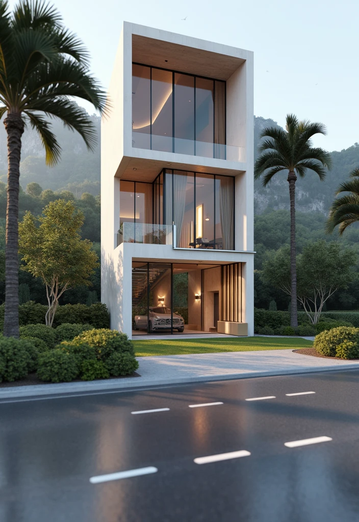 masterpiece, (photorealistic:1.2), best quality, ultra high res, exterior,architechture,modern house,white wall, glass windows,,trees,traffic road,design,trees around, blue sky,in the style of realistic hyper-detailed rendering, 32k uhd, low-angle, composite construction, piles/stacks, innovative page design, daylight,render( Vray:1.1)