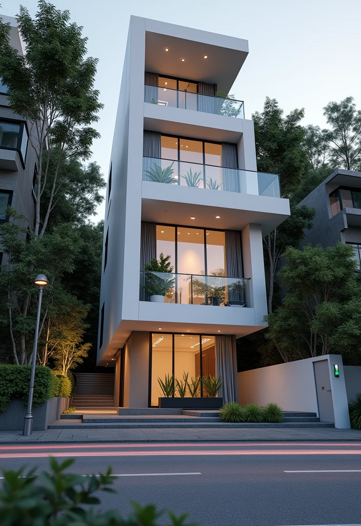 masterpiece, (photorealistic:1.2), best quality, ultra high res, exterior,architechture,modern house,white wall, glass windows,,trees,traffic road,design,trees around, blue sky,in the style of realistic hyper-detailed rendering, 32k uhd, low-angle, composite construction, piles/stacks, innovative page design, daylight,render( Vray:1.1)