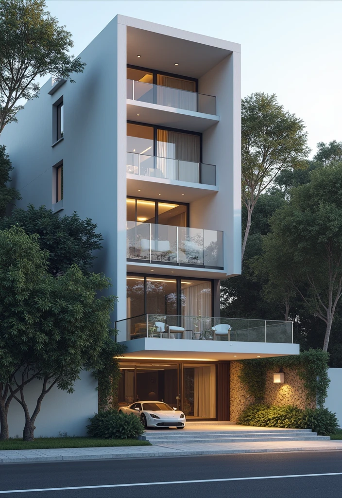 masterpiece, (photorealistic:1.2), best quality, ultra high res, exterior,architechture,modern house,white wall, glass windows,,trees,traffic road,design,trees around, blue sky,in the style of realistic hyper-detailed rendering, 32k uhd, low-angle, composite construction, piles/stacks, innovative page design, daylight,render( Vray:1.1)