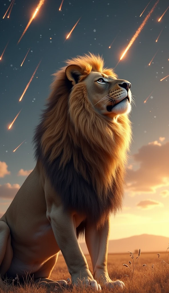 Generate an ultra realistic 8k image of a big and beautiful strong lion looking at the sky full of meteors