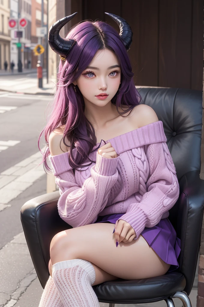 ((best quality)), ((masterpiece)), (detailed), 1girl, off-shoulder sweater, a hot woman, long purple hair, purple eyes, with dragon-like horns, purple dragon tail. wearing cute pink sweater, with white skirt, high thigh socks, sitting on a black chair, background urban vibrant glow