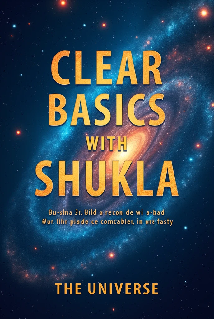 Create an image of a book with title "Clear basics with Shukla" having picture of universe on the cover page and discription about author who is Shukla ji , description should be written in points and the points should be 1st The Man the Myth Shukla 2nd point should be The Second Complete man and the 3rd one should be the Universe make sure all the text present along with title of the book