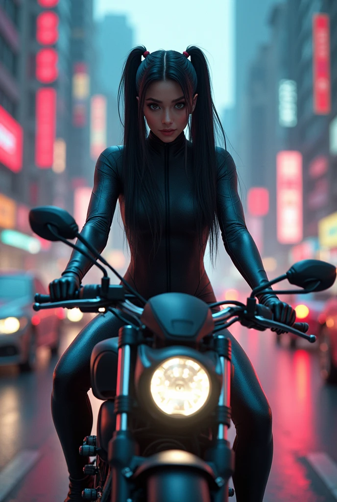 ultra realistic, photographym (masterpiece), (best quality), extremely delicate and beautiful, long black straight hair, elegant hair, (30 years old, hazel eyes, hourglass figure, perfect fit body, natural big breasts), ((perfect female figure)), rider girl, bodysuit, twintails, cyberpunk city background, helmet, riding a futuristic motorbike, european woman, she is driving fast in tight traffic, action shot, cinematic shot